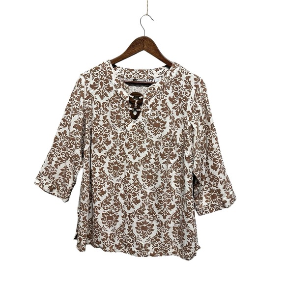 Women's Plus Size 1X Linen Blend V-Neck Top 3/4 Sleeve Paisley Print‎ Coastal - Picture 1 of 8